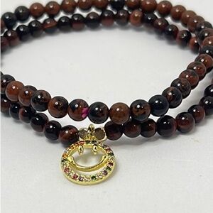 Brown and Black Red Obsidian Beaded Bracelet stack  with Gold Smiley Charm